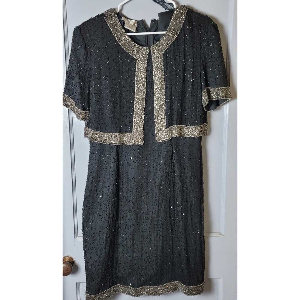 Vintage Stenay Fully Beaded‎ Formal Midi Dress Sz 12 Black GUC